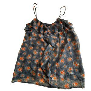 Sheer ruffled tank navy with orange flowers - M?